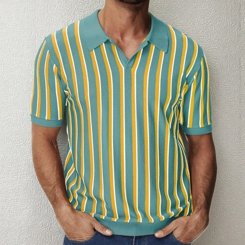 

Men's High-quality Summer Lapel Temperament Striped Knitted Sweater Men's Short-sleeved Top Temperament Fashionable Comfortable