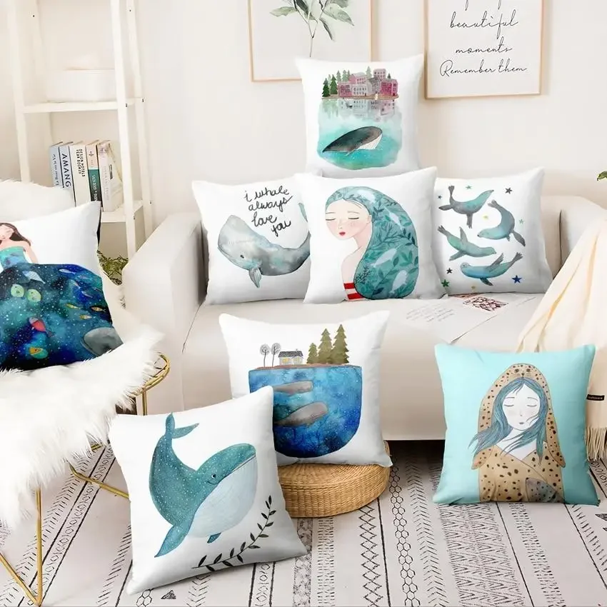 

Cartoon Whale Printed Pillowcase Nordic Marine Cushion Decorative Pillow Home Decor Sofa Throw Pillows Home Pillow Decoration