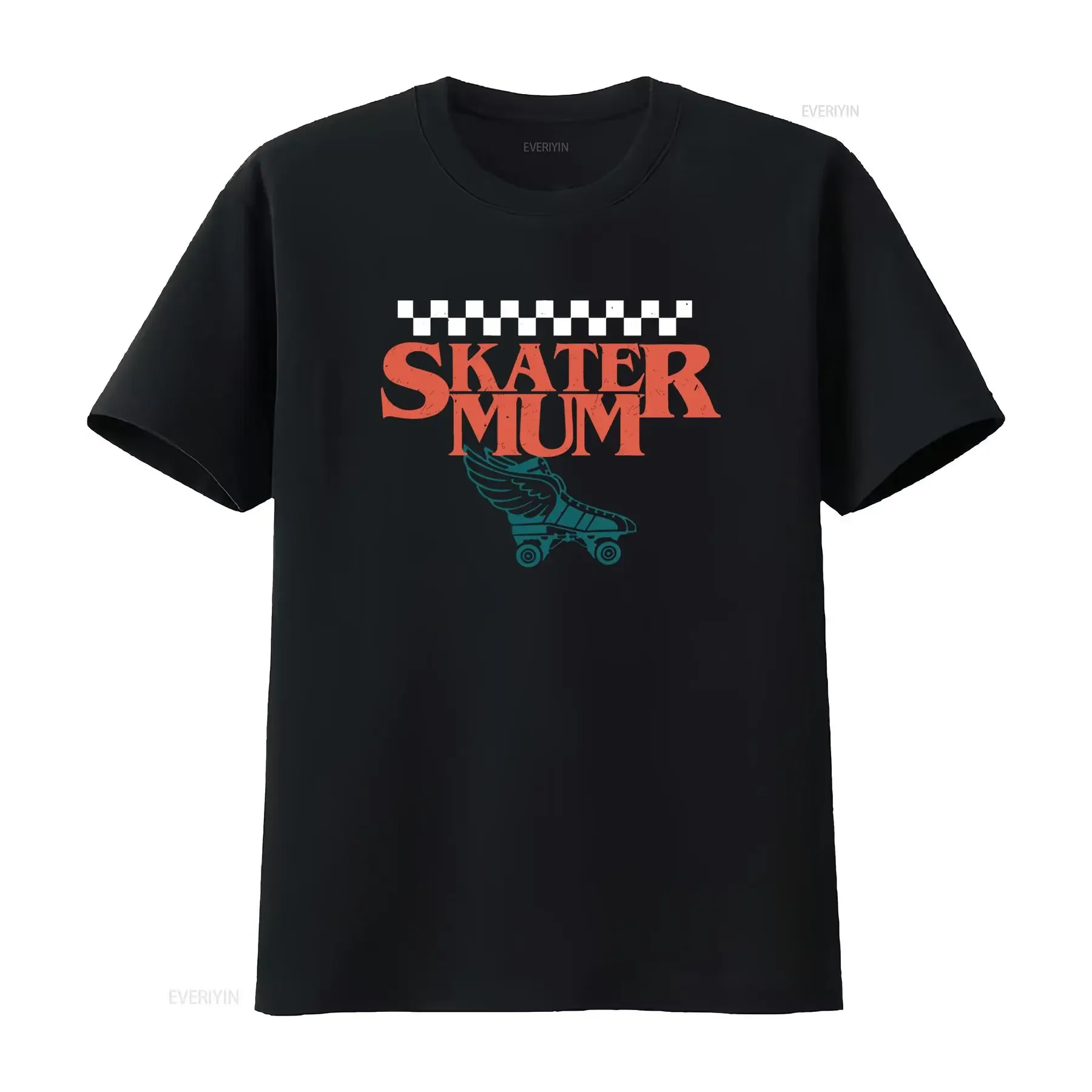 Retro Streetwear Skater Mum Winged Roller Skate Checkerboard Print Casual T Shirt vintage Washed Comfortable Versatile graphic