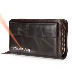 2024 Leather Large Men Clutch Wallets Name Customized Men Purse 100% Genuine Leather Long Leather Male Wallet