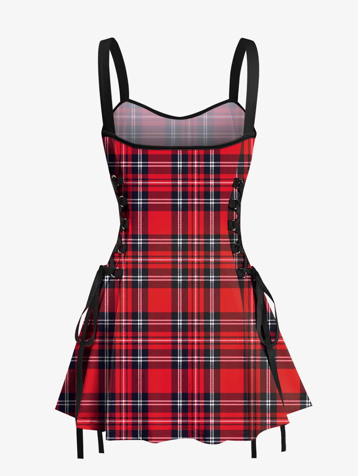 Red Plaid Print Matching Set For Couples New Arrived Costumes Lace Up Mini Tank Dress, Buttons Pocket Shirt Beach Outfits S-3X