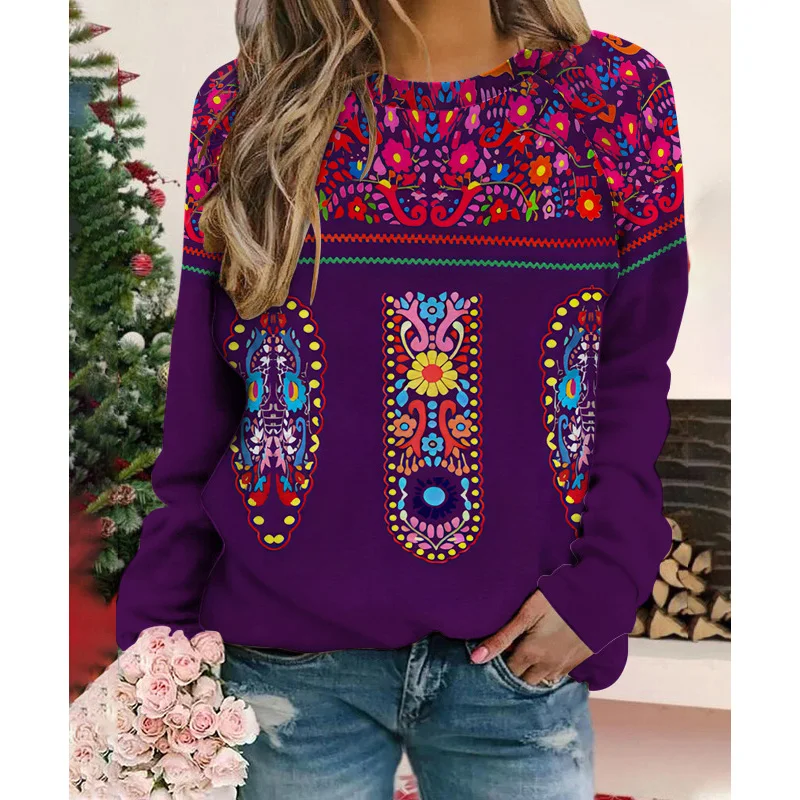 Ethnic Style Mexican Floral Sweatshirts 3D Print Women Y2K Hoodies Long Sleeve Hoodie Oversized Pullovers Woman Tops Clothing