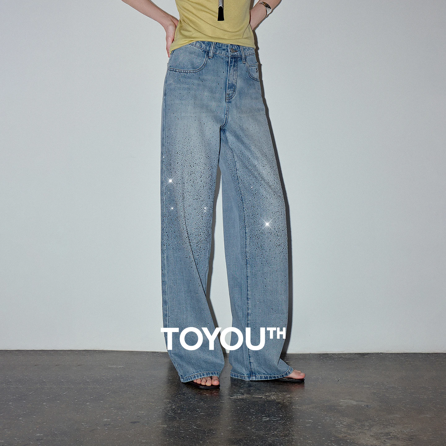 TOYOUTH Women Denim Pants 2026 Summer Sparkling Rhinestone Starry Narrow Wide Leg Slim Straight Stylish Casual