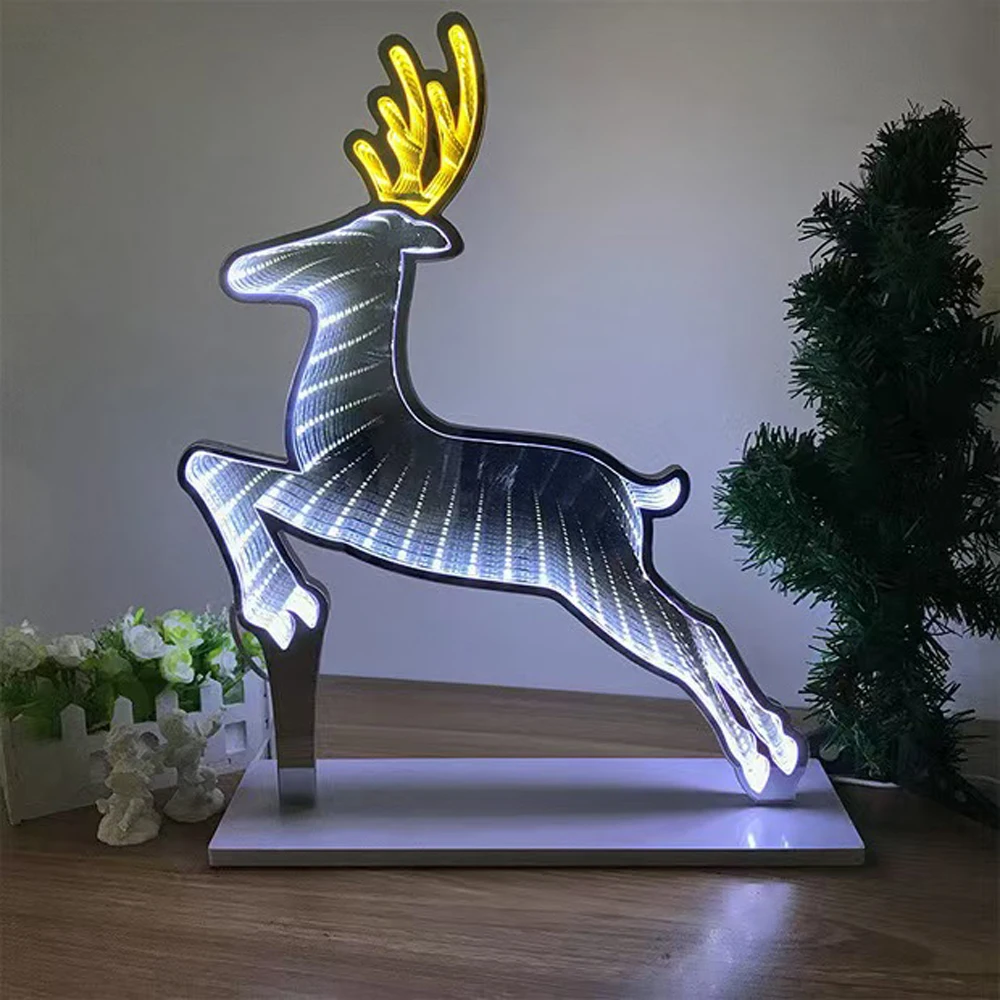 Christmas Reindeer Desktop LED Lamp 3D Tunnel Mirror Lights Double Sided LED Night Lamp 12V Home Room Decor Lights X-mas Gifts