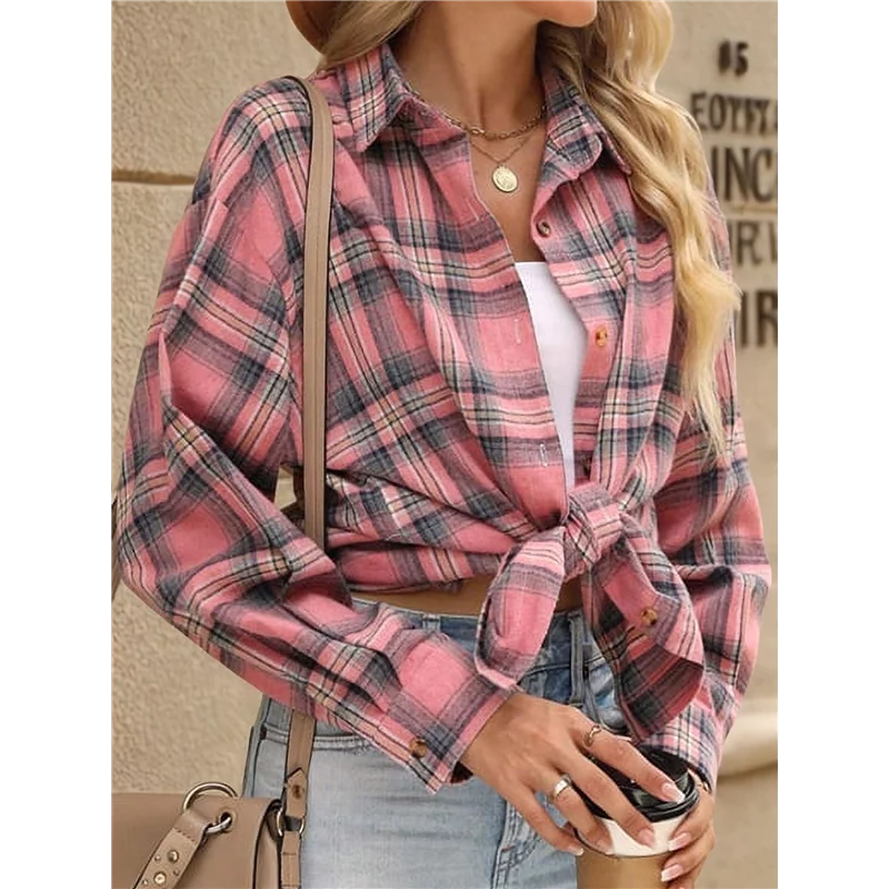 Camicie in flanella scozzese FX da donna Camicie oversize a maniche lunghe abbottonate Camicette Top