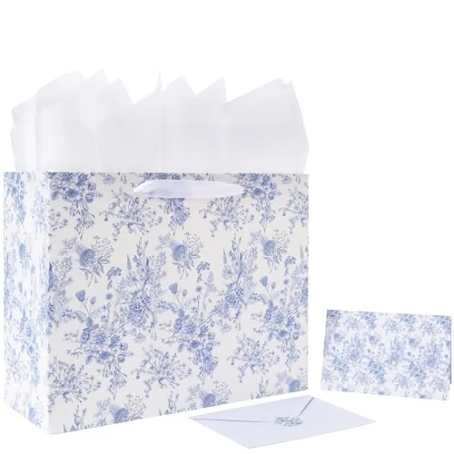 

13'' Large Blue Floral Gift Bag Set with Handles, Greeting Card, White Tissue Papers and Stickers for Women Girls for Birthdays