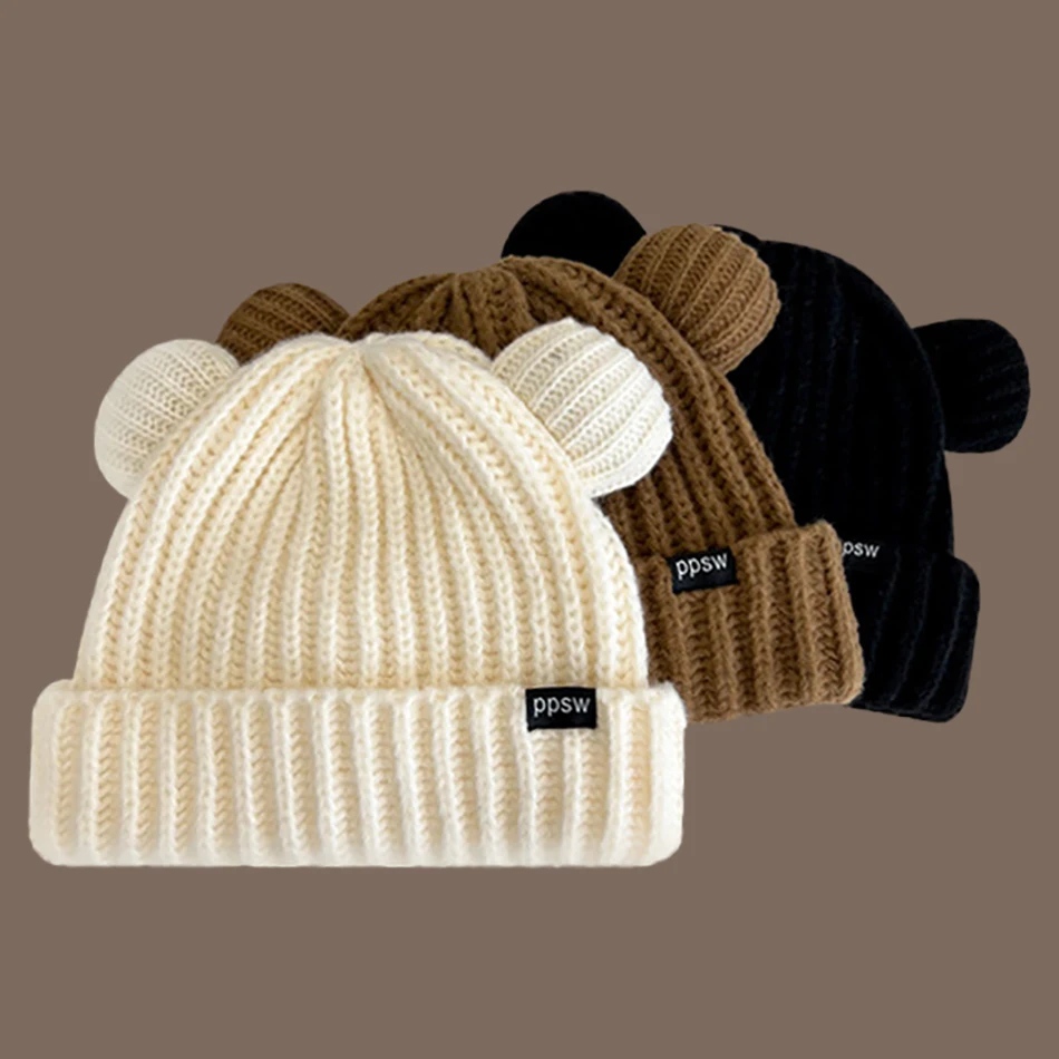 Bear Ear Hat Adult Knit Beanie Hat, Winter Bear Ears Hat Warm Knitted Fleece Lined Woollen Ski Pompom Hat