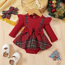 Newborn Baby Girl Christmas Outfit Plaid Ruffle Long Sleeve Bowknot Romper Dress with Headband Fall Winter Ribbed Clothes