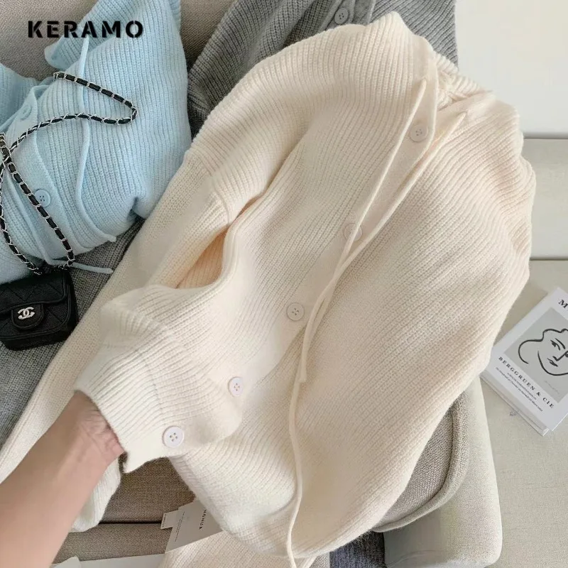 2023 Autumn Winter Casual Hooded Knitting Long Sleeve Cardigans Women Korean Fashion Solid Color Single Breasted Simple Sweater