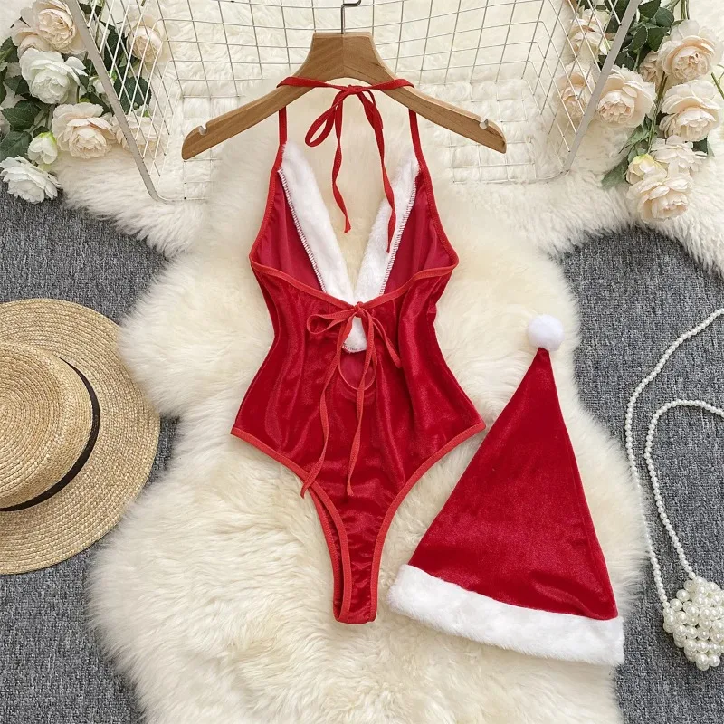 Women Sexy Christmas Cosplay Nightwear Playsuit Deep V Open Crotch Sheath Bodysuits Temptation Velvet Backless Rompers