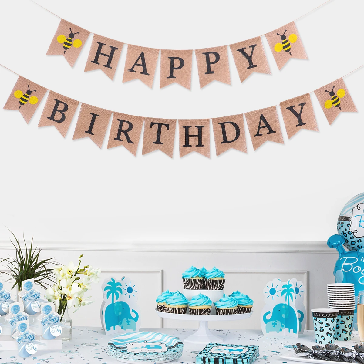

Bee Birthday Party Decoration Linen Hanging Flag Banners Happy Birthday Banner Set Supplies Scene Layout Props Creative Design