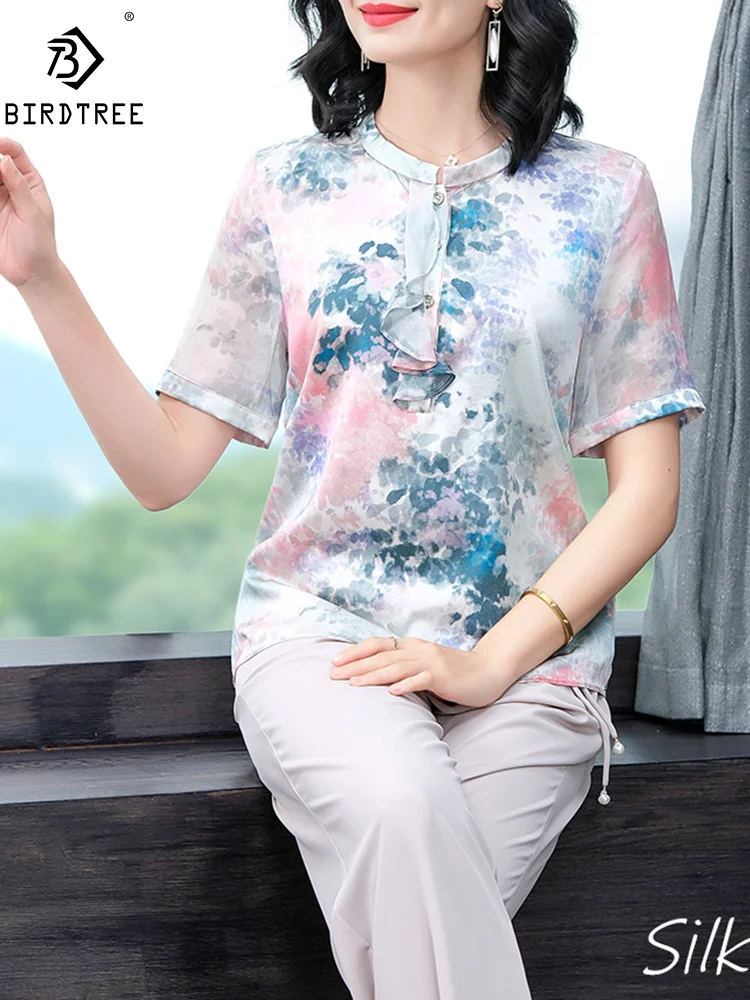 BirdTree, 91% Real Silk Fashion Shirt, Women's Short Sleeve Ruffles, Oversize Mom Elegant Blouse, 2024 Summer 4XL Tops T444133QM