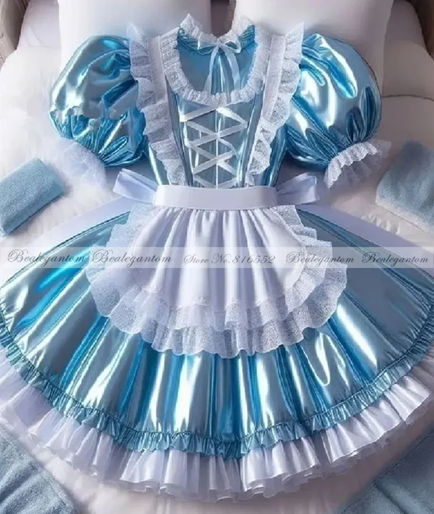

Bealegantom Halloween Blue Cosplay Prom Dresses Shiny Short Sleeve Maid Evening Dress Lolita Gothic Birthday Party Customized