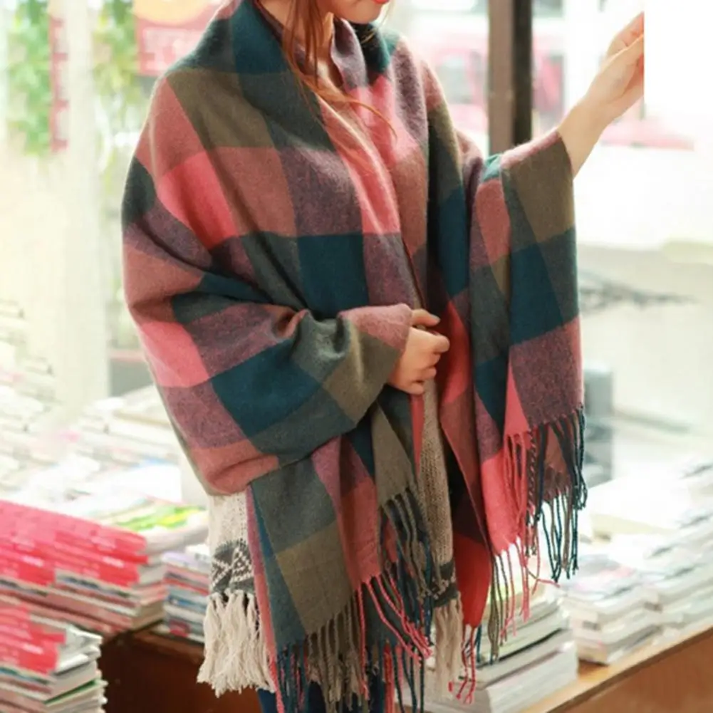 Plaid Scarf Bright Colored Scarf Elegant Winter Shawl Colorful Plaid Print Scarf with Tassel Trim Thick Imitation Cashmere Warm
