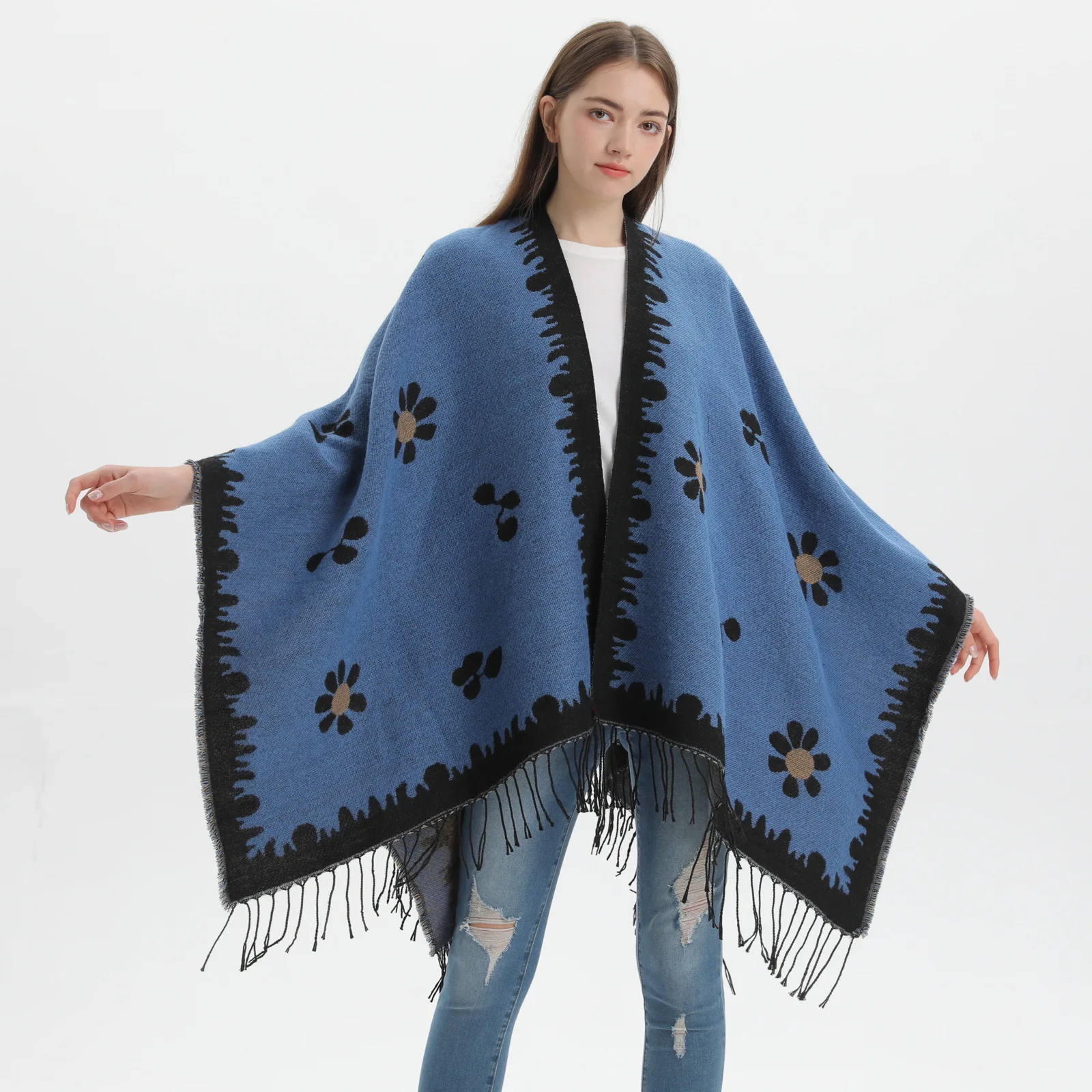 Imitation Cashmere Poncho Fashionable Autumn Winter Shawl New Small Fresh Flower Cardigan With Tassel Split Warmth Cape Cloak O2