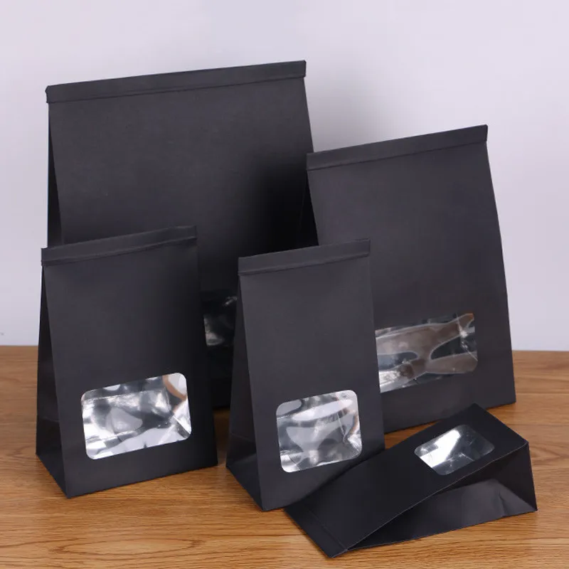 200Pcs/Lot Black Kraft Paper Aluminum Foil Bags With Clear Window Tin Tie Tab Lock Bags Brown Window Bags Cookie Tea Coffee Bags