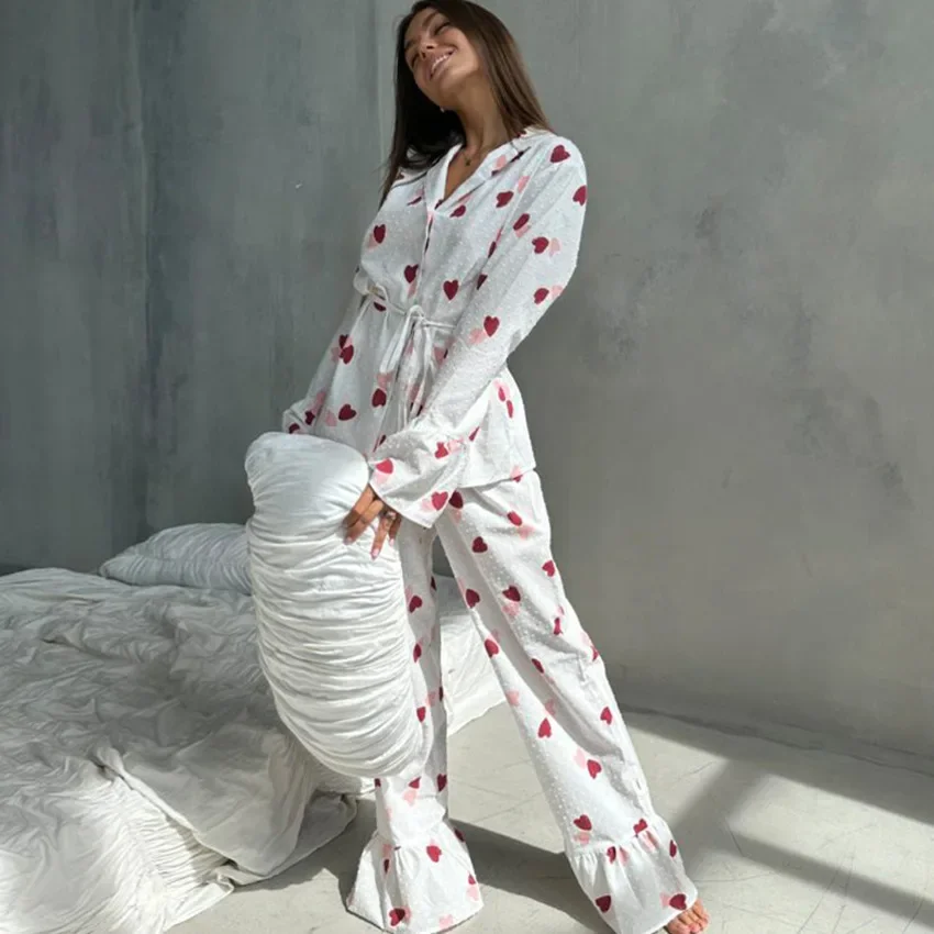 Love Print Women's Pajama Set Long Sleeve Spring Autumn Ladies Sleepwear 2 Pcs with Pant Lace Up Ruffles Home Clothes for Female