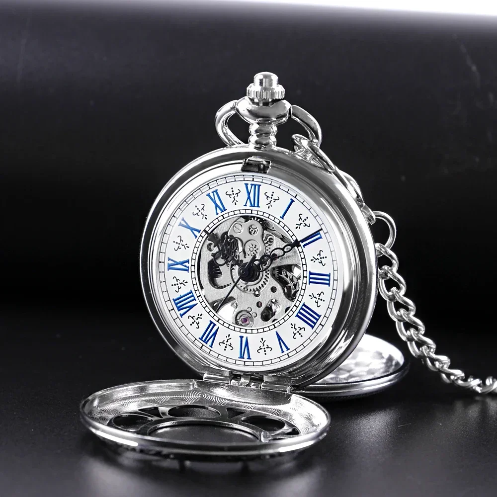 Hollow Case Roman Numeral Dial Pocket Watch Hand Wind Mechanical Men Watches Silver Vintage Man Pocket Clock Xmas Gifts Box