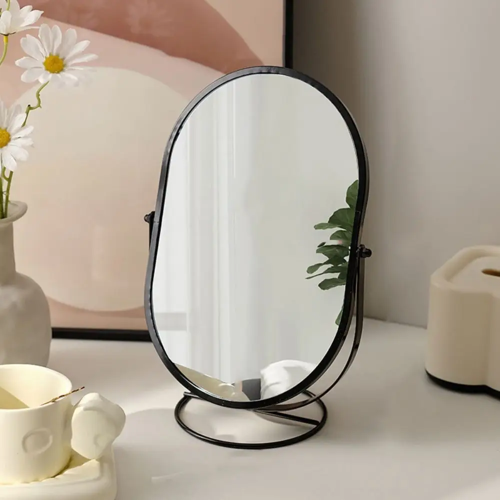 Iron Art 360° Rotatable Makeup Mirror Light Luxury Iron Frame Vanity Mirror Oval High Definition Desktop Stand Mirror Women