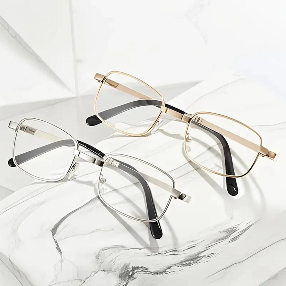 نظارات قراءة كلاسيكية عالية الجودة لون ذهبي وفضي قابلة للطي ومحمولة لقصر النظر الشيخوخي نظارات مريحة مضادة للضوء الأزرق