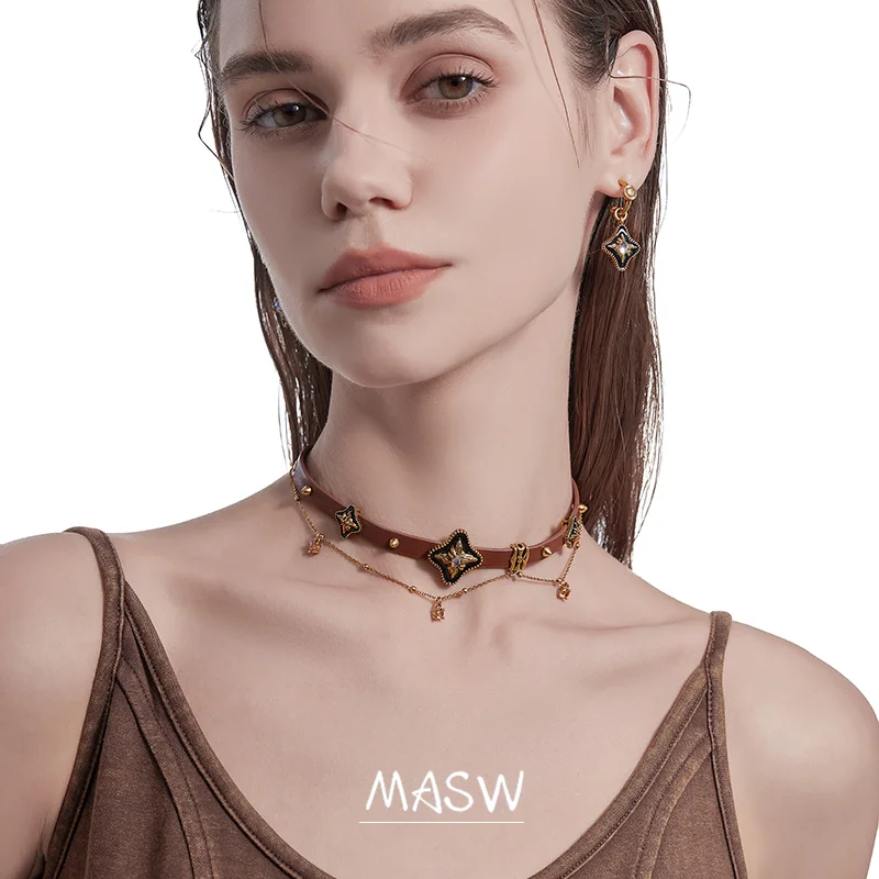 MASW Original Design Fashion Jewelry Senior Sense Two Color Star PU Choker Necklace For Women Girl Party Wedding Gift Hot Sale