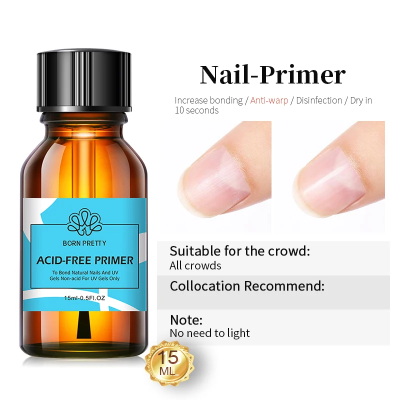 BORN PRETTY 15 ml Nail-Primer Prep Dehydrator Gel-Nagellack, kein UV-LED-Lampensockel erforderlich, Decklack, Nagelkunst, Lack, Maniküre