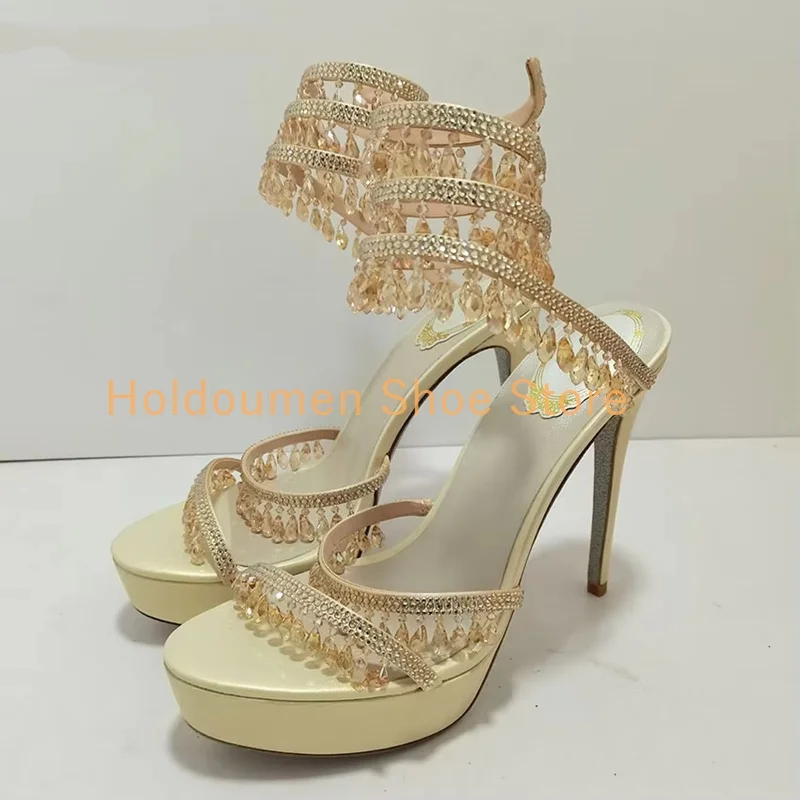 Luxury Crystal Tassel Twine Around Ankle Strap High Heel Sandal Peep Toe Crystal Pendant Embellish High Platform Stiletto Sandal
