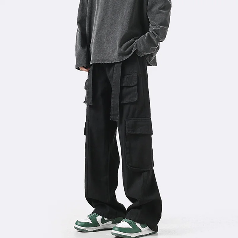 

Мужские повседневные брюки-карго черного цвета, весенне-осенние, модные, брендовые, с множеством карманов, прямые, широкие, длинные, в американском уличном стиле