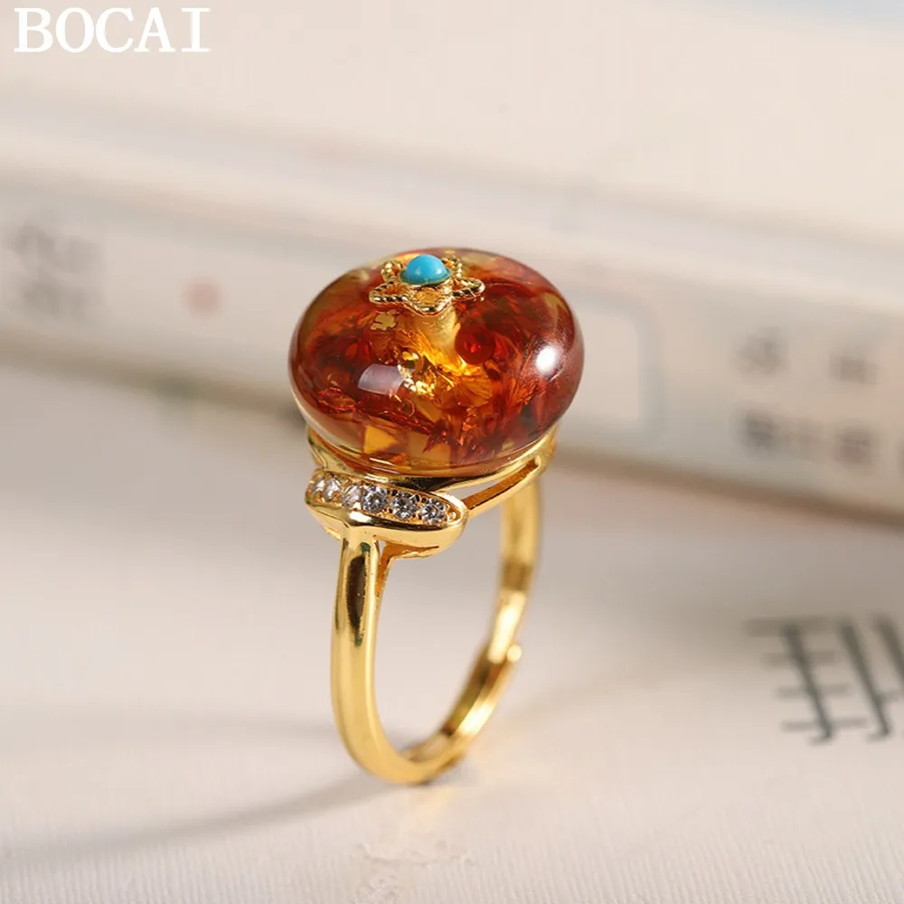 

BOCAI, новинка, чистое серебро S925, простое и модное позолоченное женское кольцо с инкрустацией янтарной застежкой на удачу, регулируемое