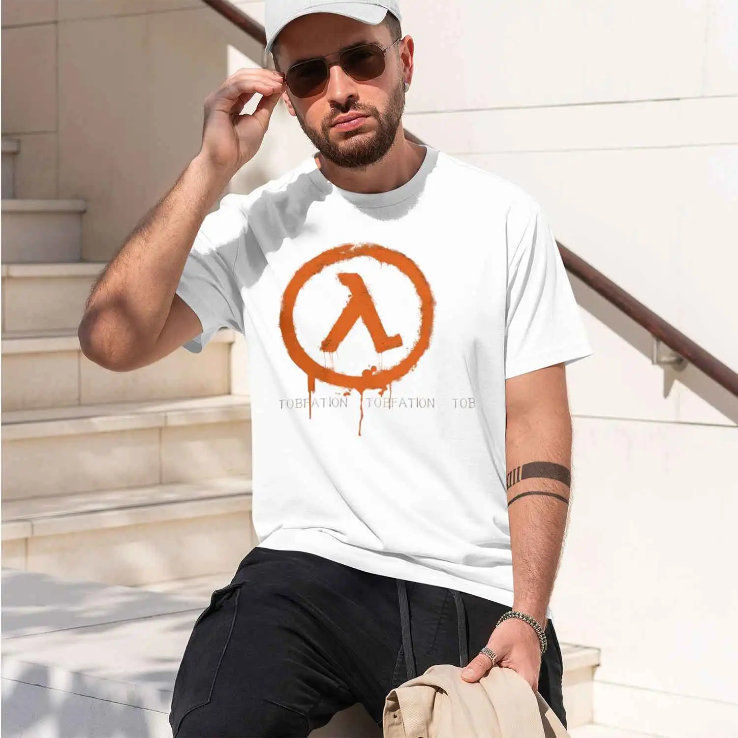 Graffiti Style Men's T-Shirt Orange Lambda Symbol And Tobfation Text Summer Casual Wear For Gaming Fans And Tech Enthusiasts 202