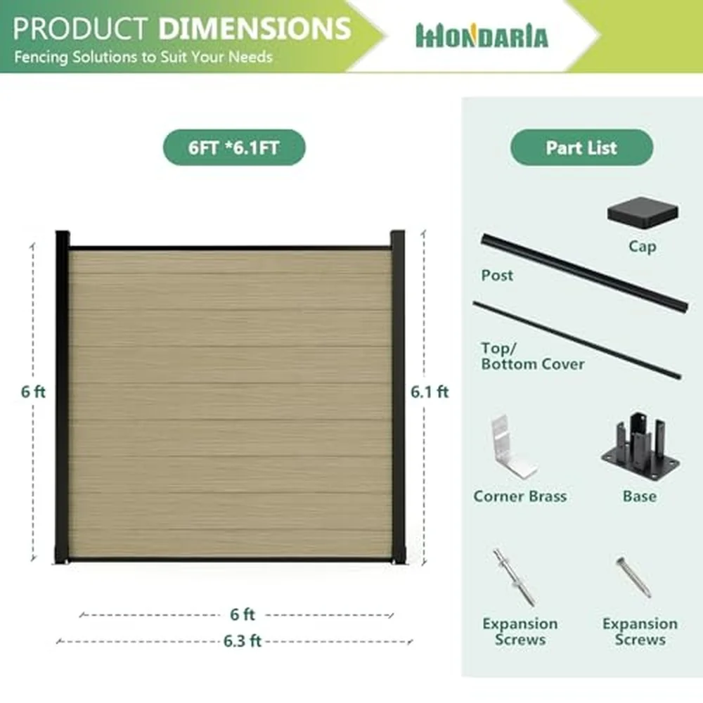 Privacy Fence Panels for Outside 6ft(W) x 6ft(H) Outdoor Fence with 1 Post Wind Resistant Wood Plastic Composite
