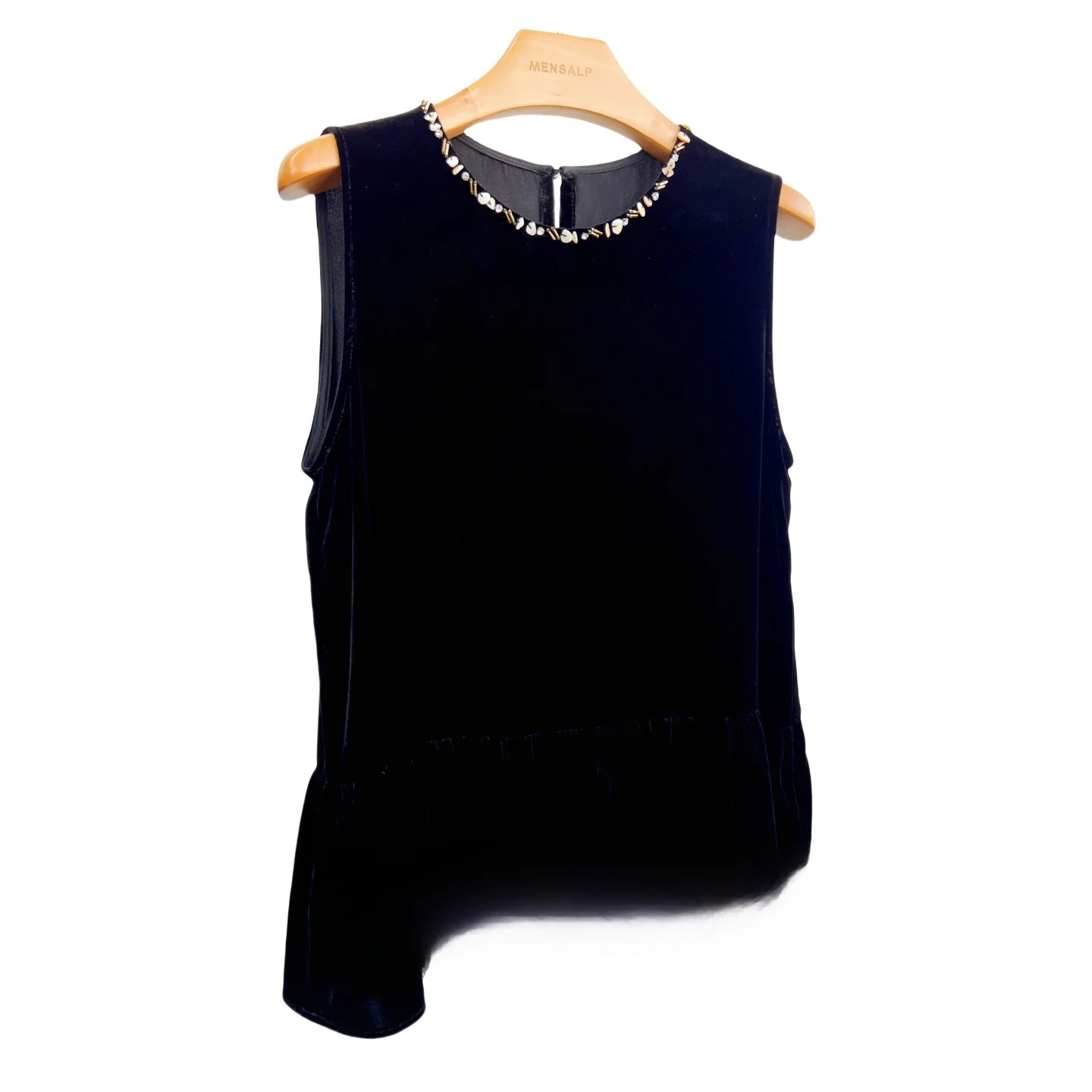 

High-End Women's 00% Silk Velvet Beaded Small round Ne Svel Vest with Gored Hemline Top MR966 Summer Outerwear