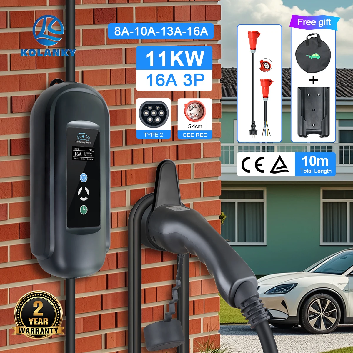 Kolanky EV Charger 16A 11KW  Timer Adjust Current Type 2 IEC 62169 Charging For EU Hybrid Electric Vehicle Cars Total 10M