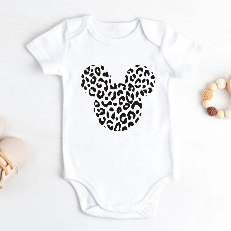 Newborn Clothing Leopard Print Minnie Mouse Head One-pieces White 100% Cotton Baby Clothes for Boy Girl Jumpsuit Bodysuit