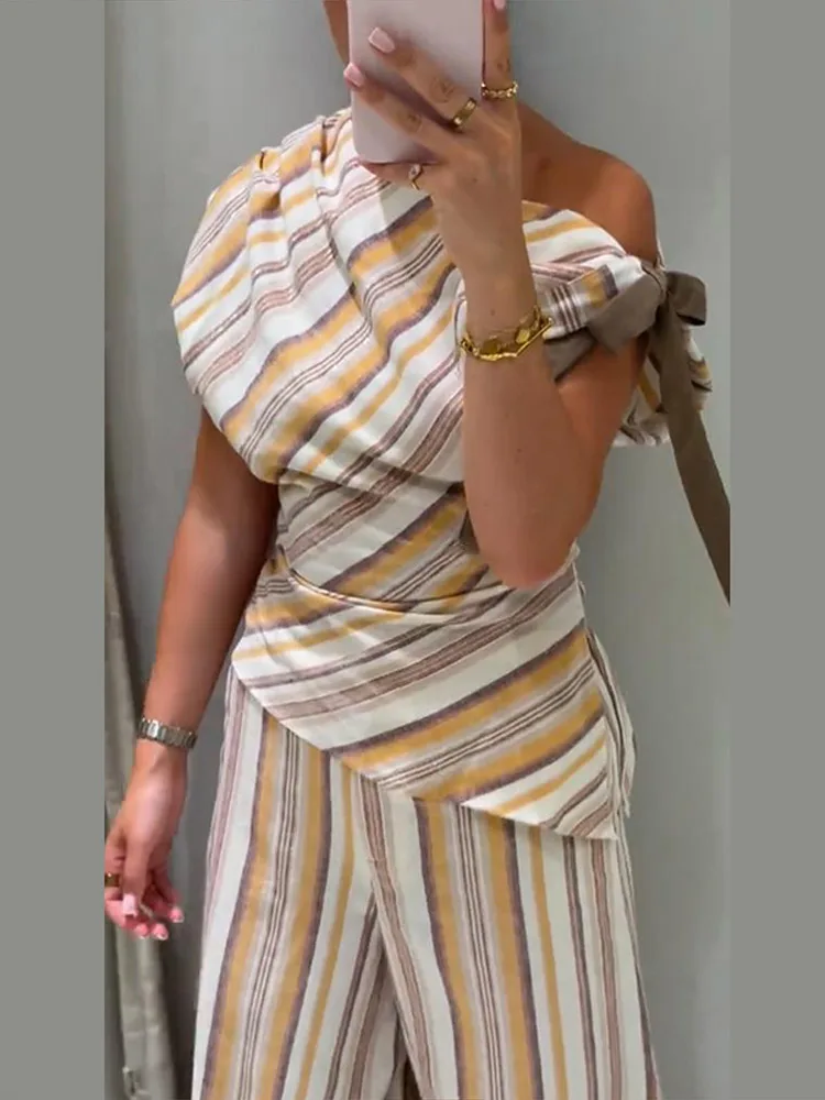 Leinen-Set mit gestreiftem, tailliertem Oberteil und Hose für Damen, sexy One-Shoulder-Oberteil mit Schnürung, plissiert, schmal geschnitten, weit geschnittene Hose, schickes Damen-Outfit – Detail 13
