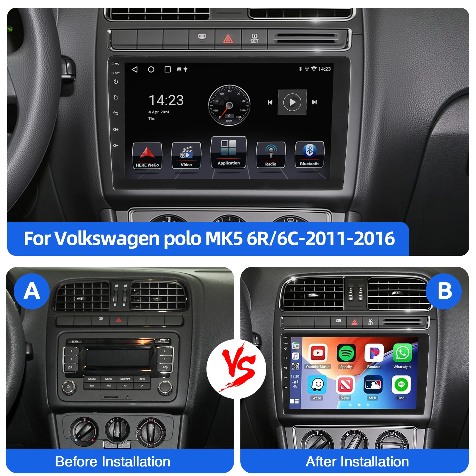 ESSGOO 4+64GB 9" 2 DIN para VW Polo 6R 6C 2009–2017 Radio de Coche Android 14 Carplay Inalámbrico Android Auto GPS FM WiFi BT Control desde el Volante RDS Mirror Link Pantalla Táctil Reproductor Multimedia 5
