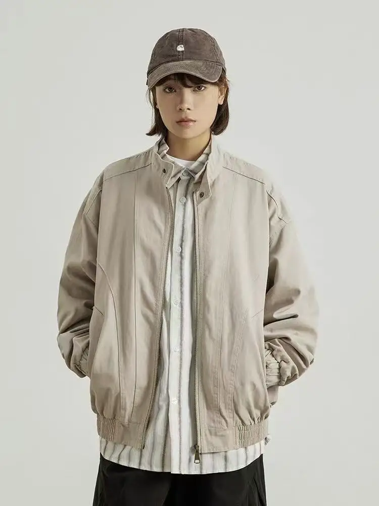 

Retro Washed Stand Collar Jacket Unisex Spring Autumn Casual Loose Workwear Top Button Decorated Polyester Fiber Long Sleeve ...