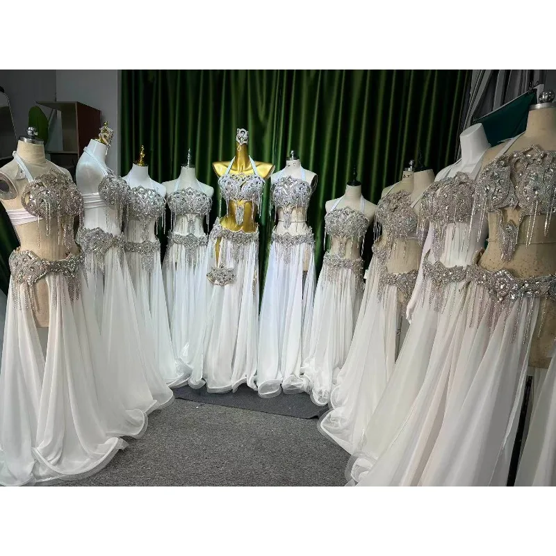 Customized Belly Dance Costumes Oriental Dance Dress Performance Costume White bra+belt+skirt+sleeves+bracelet+thigh chain