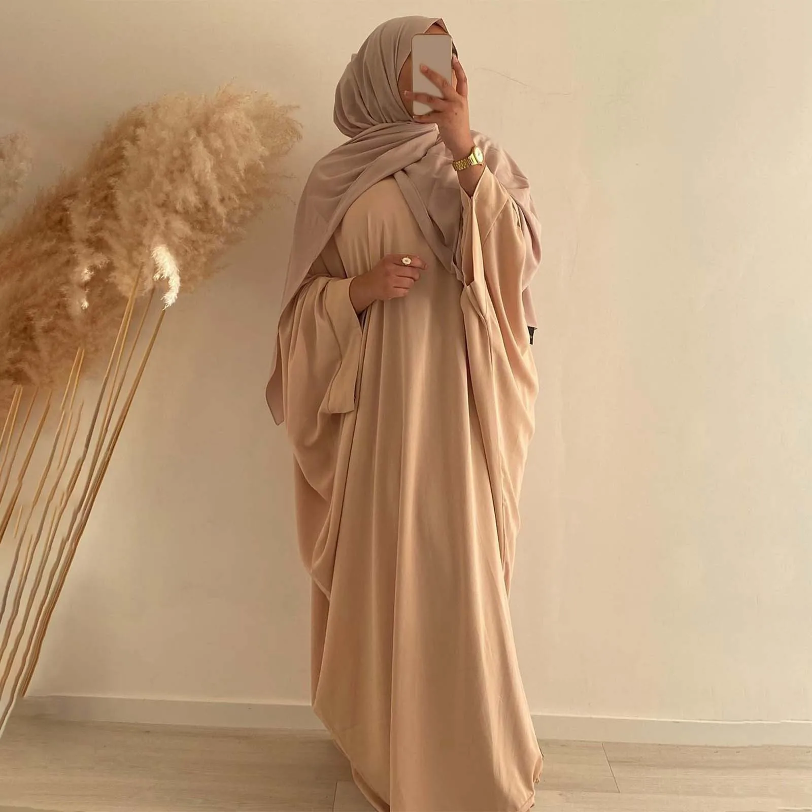 Women's Elegant Solid Color Batwing Sleeve Maxi Muslim Dress Long Dubai Kaftan Robe Spring 2025 Ramadan Abaya Islam Clothing