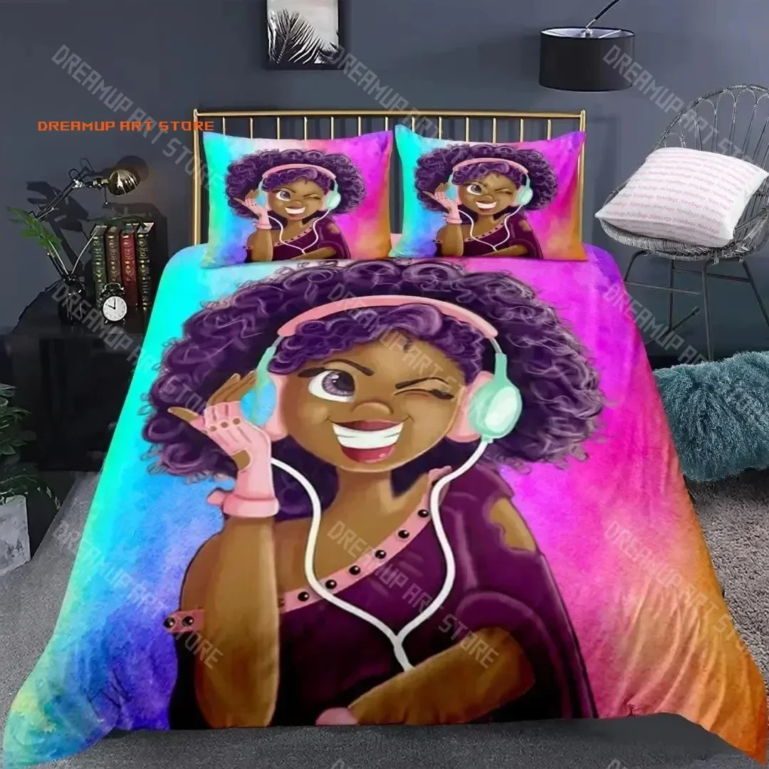 2026 3D Print American Black Girl Duvet Cover Set,Black Girl Magic Bedding Set Full Size,Cute Little Afro Black Princess Comfort
