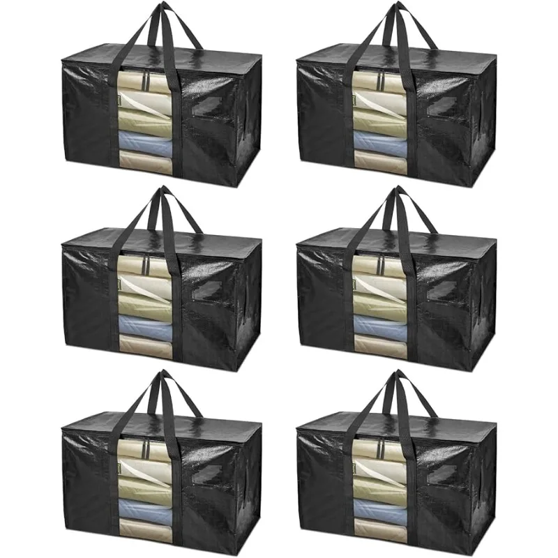 

6-Pack Oversized Moving Bags with Reinforced Handles, Heavy-Duty Storage Tote Moving Supplies for Packaging, Camping (Black w/Wi