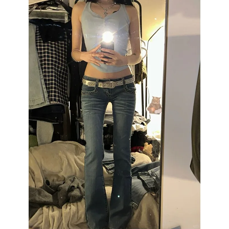 ヴィンテージ風ハイストリートローウエストジーンズ レディース 2025 夏 オールマッチ ワイドレッグ Y2K デニムパンツ 女性用 セクシー スリムフィット フレアパンツ