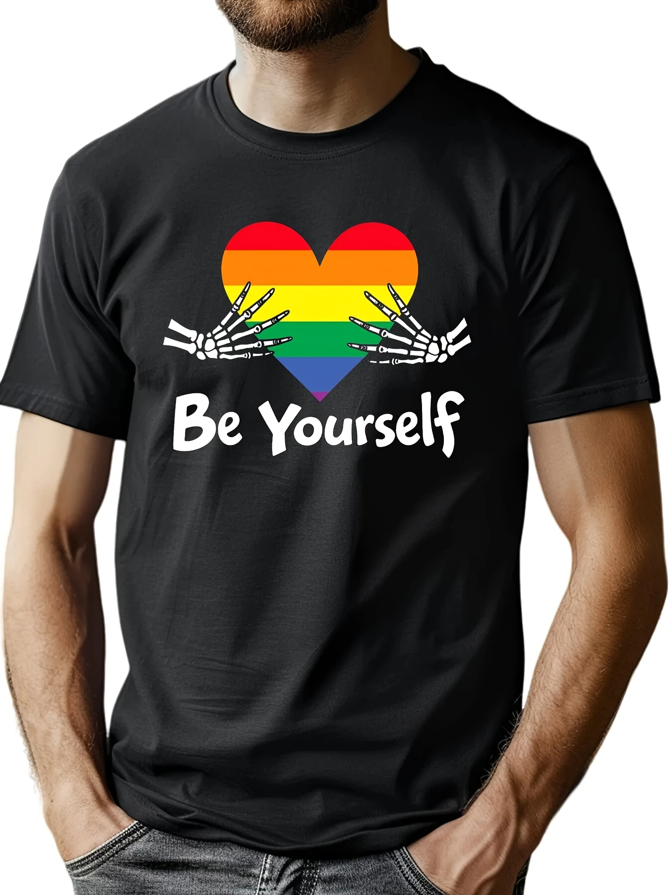 Pride Rainbow Skeleton Heart Be Yourself Men's Graphic Cotton T-shirt Casual Daily Tee