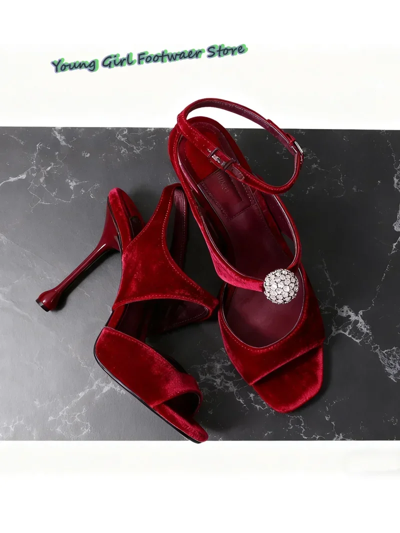 Burgundy Rhinestone Square Toe High Heel Sandals for Women product photo
