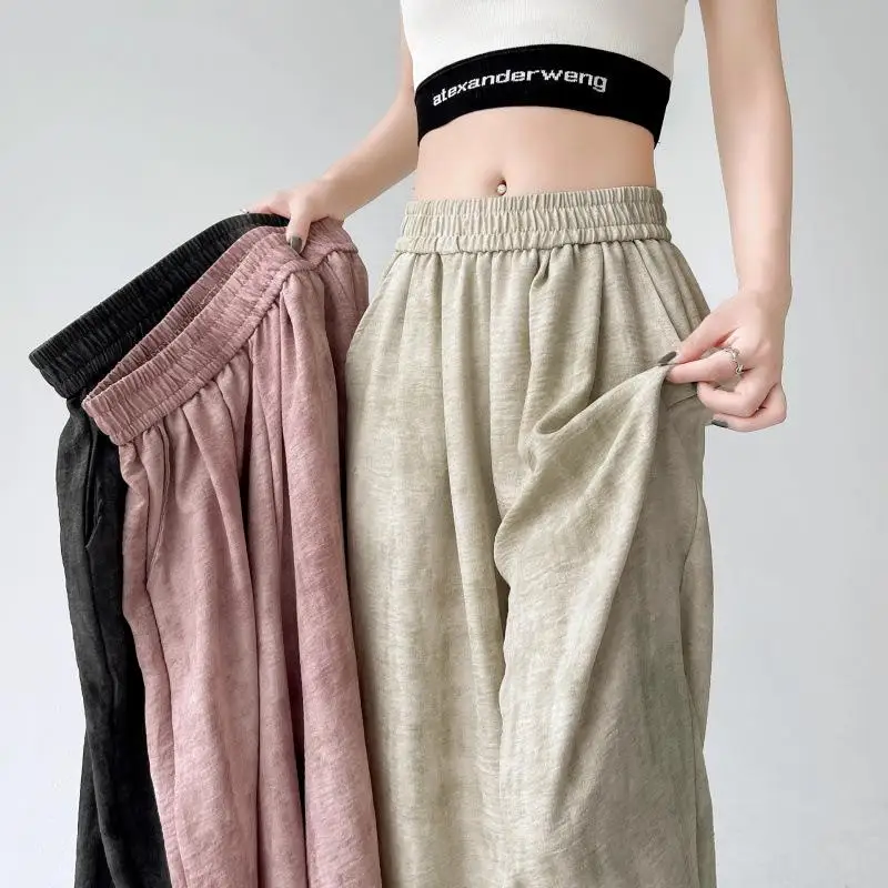 夏用薄手ワイドレッグパンツ レディース 日焼け防止 ハイウエスト ルーズストレートカット アイスシルク コットンリネン 染め加工 ラウンドパンツ