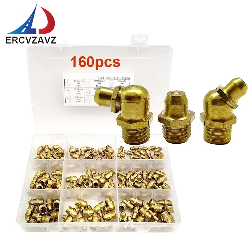 

160pc M6 M8 M10 Grease Nipple Drive in Grease Fitting Nipple Zerk Nipple Fitting 45 90 180 Degree Assortment Kit for Car