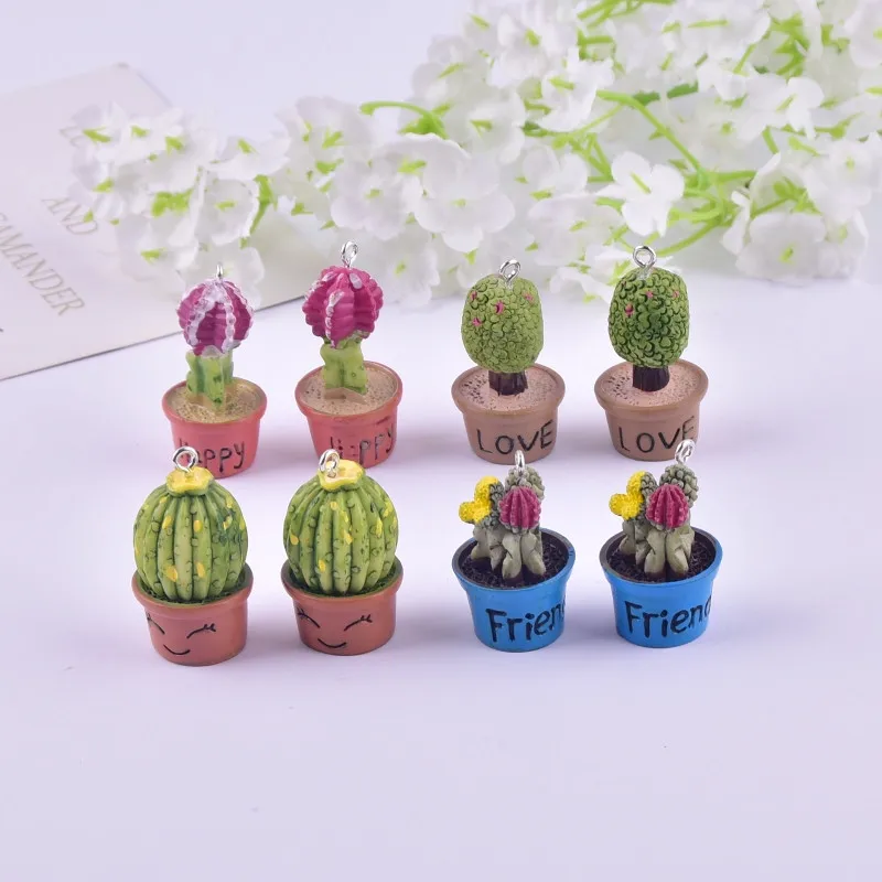 8pcs/pack 3D Lovely Potted Plant Cactus Resin Charms for Earring Necklace Jewelry DIY Making