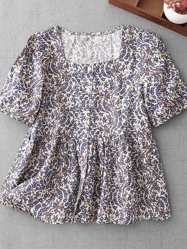 

Retro Square Collar Bubble Sleeve Floral Shirt Women's Fashion Korean Version Meat Concealing Slimming Casual Shirt