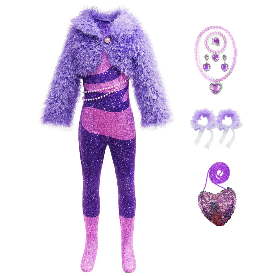 Girls Antelope Cosplay Set Sparkle Glitter Jumpsuit with Faux Fur Cropped Coat Kids Role Play Outfit for Halloween Theme Party