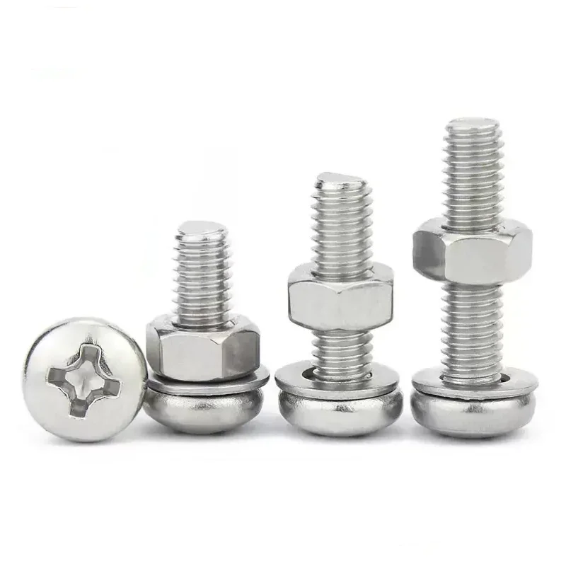 Винт с полукруглой головкой M2-M10, трехкомпонентный комбинированный винт из нержавеющей стали 304, гайка, шайба, набор крестообразных болтов с круглой головкой